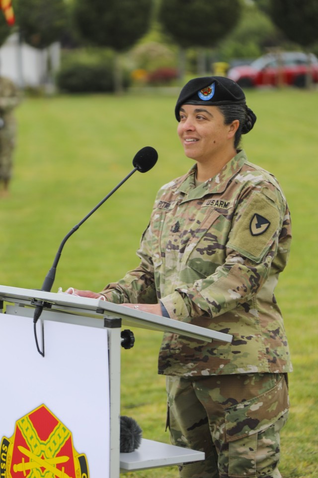 Outgoing IMCOM-Europe Command Sgt. Maj. Samara Pitre speaks at the Change of Responsibility ceremony Aug. 27 at USAG Wiesbaden&#39;s Clay Kaserne. Pitre said her four years in Europe felt like they went by in “the blink of an eye,” she spent every day learning, and was proud to say she played a part in supporting the units and garrison communities. 