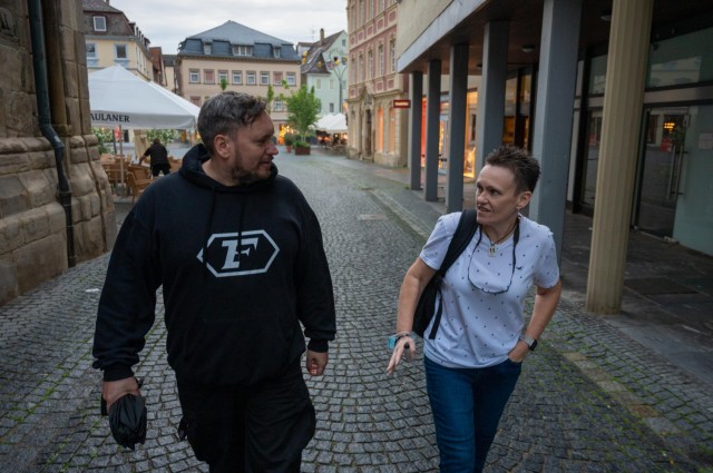 Natalie Clarke-Knight and her brother Mark Wamsler walk through their hometown of Schwäbisch Gmünd together for the first time in 45 yeas. 