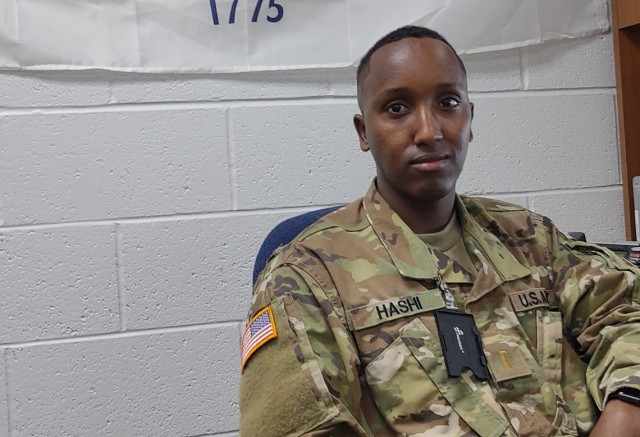 U.S. Army 2nd Lt. Abdimaik Hashi, a newly commissioned transportation officer with the Vermont National Guard, spent the first eight years of his life in a refugee camp in Kenya. Hashi, at Camp Johnson, Joint Force Headquarters, Colchester, Vermont, Aug. 13, 2021, was previously an enlisted M1 tank crewman in the Minnesota National Guard. 
(U.S. Army National Guard photo by Joshua T. Cohen)