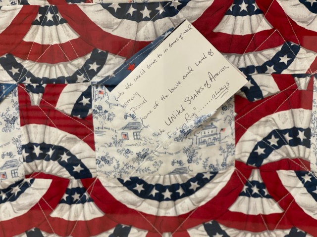 A closeup of a remembrance quilt, previously donated from U.S. Post Office customers and staff at Catawissa, Penn., currently on display in the Pentagon Quilts memorial, Washington, D.C.