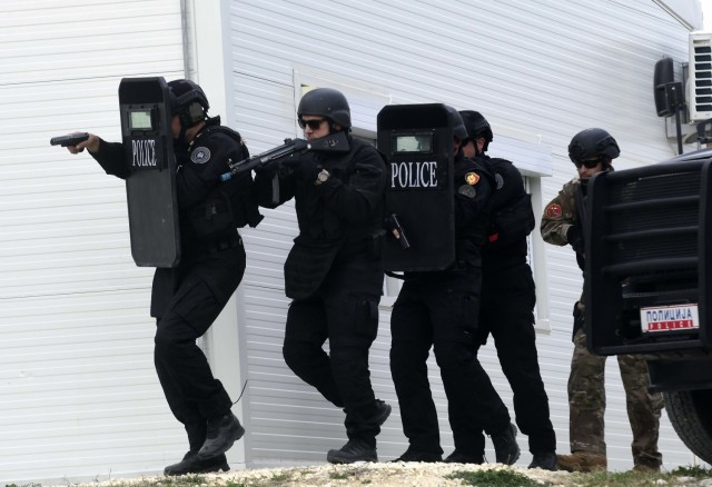 Law enforcement professionals from multiple forces train together March 28, 2019 at the Gjorce Petrov Police Compound in North Macedonia’s capital city of Skopje at a shoot house delivered by the U.S. Army Corps of Engineers through a partnership with the U.S. Department of Justice’s International Criminal Investigative Training Assistance Program in the U.S. Embassy in Skopje and funded through the U.S. European Command. The shoot house is one of a handful of projects delivered at the Gjorce Petrov Police Compound through the partnership which are intended to enable law enforcement professionals from North Macedonia and throughout the region to participate in training and exercises geared toward combating regional narcotic trafficking. (Courtesy Photo)