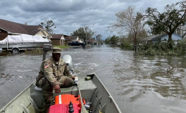 Louisiana National Guardsmen with the 922nd Engineer Vertical Construction Company helped rescue 135 people and four dogs in the flooded community of LaPlace, Louisiana, in the immediate aftermath of Hurricane Ida, which made landfall in south Louisiana Aug. 29, 2021. (Photo courtesy of Louisiana National Guard)