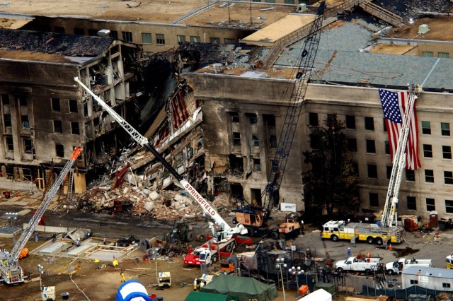 An aerial view of the destruction at the Pentagon caused by a hijacked commercial plane that crashed into the side of the building in the Sept. 11, 2001, terror attacks. Manal Ezzat, an Army Corps of Engineers program manager, was inside the Army headquarters wing at the time of impact. Ezzat helped design a memorial chapel at the point of impact. 