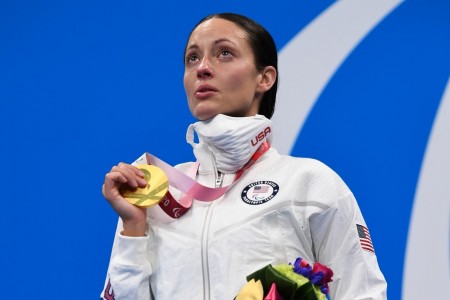 Para-swimmer Sgt. 1st Class Elizabeth Marks during the medal ceremony of the women’s 100-meter backstroke, S6, where she won gold and broke the world record with a time of 1:19.57. Marks medaled in three events at the 2020 Summer Paralympic Games in Tokyo, Japan. Marks is a member of the Army’s World Class Athlete Program.