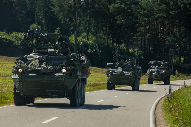 U.S. Soldiers assigned to 2nd Cavalry Regiment participate in a tactical road march from Grafenwoehr, Germany to Hohenfels, Germany, as part of exercise Saber Junction 21, Sep. 3, 2021. Saber Junction 21 is a 7th Army Training Command-conducted, U.S. Army Europe-Africa-directed combat training rotation for the U.S. Army’s 2nd Cavalry Regiment at the Joint Multinational Readiness Center from August 26, 2021, to September 29, 2021. The exercise will take place at the Grafenwoehr and Hohenfels Training Areas. The exercise is designed to evaluate and assess the readiness of the regiment to execute unified land operations in a joint, combined environment and to promote interoperability with participating allied and partner nations. (U.S. Army Photo by Jacob Bradford)