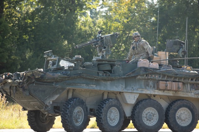 U.S. Soldiers assigned to 2nd Cavalry Regiment participate in a tactical road march from Grafenwoehr, Germany to Hohenfels, Germany, as part of exercise Saber Junction 21, Sep. 3, 2021. Saber Junction 21 is a 7th Army Training Command-conducted, U.S. Army Europe-Africa-directed combat training rotation for the U.S. Army’s 2nd Cavalry Regiment at the Joint Multinational Readiness Center from August 26, 2021, to September 29, 2021. The exercise will take place at the Grafenwoehr and Hohenfels Training Areas. The exercise is designed to evaluate and assess the readiness of the regiment to execute unified land operations in a joint, combined environment and to promote interoperability with participating allied and partner nations. (U.S. Army Photo by Jacob Bradford)