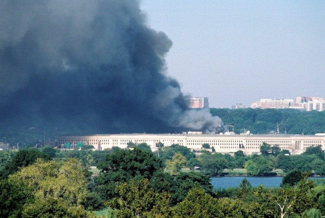 Clouds of smoke billow out of the Pentagon after a hijacked jetliner crashed into it on Sept. 11, 2001. Terrorists hijacked four commercial jets and then crashed them into the World Trade Center in New York, the Pentagon and the Pennsylvania countryside.