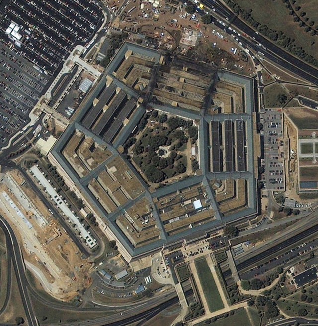 Aerial view of the Pentagon after a hijacked airline crashed into it Sept. 11, 2001. Terrorists hijacked four commercial jets and then crashed them into the World Trade Center in New York, the Pentagon and the Pennsylvania countryside. 