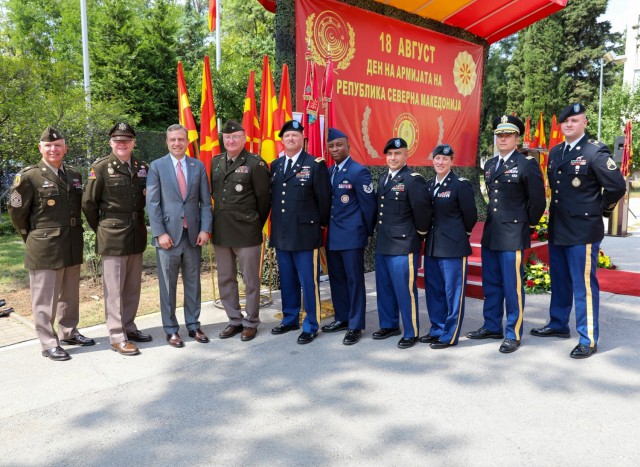 Members of the Vermont National Guard attend a celebration for Army Day at the Ministry of Defense in Skopje, North Macedonia, Aug. 18, 2021. The holiday commemorates the creation of the Mirče Acev battalion in 1943. The battalion laid the foundation of the People&#39;s Liberation Army of Macedonia that fought against the Axis forces during WWII. (U.S. Army photo by Sgt. Gloria Kamencik)