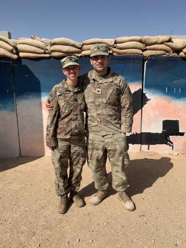 West Virginia Army National Guard Cpt. Brittany Watson, a medical operations officer in the 111th Engineer Brigade, and Sgt. Andres Rivera, a carpentry and masonry specialist in the 766th Engineer Company of the 111th, recently reunited during a deployment to the Middle East. They had not seen each other in over 12 years. (Courtesy)
