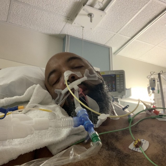 Tim Harris, a mobilization and planning specialist, U.S. Army Medical Center of Excellence, is sedated while on a ventilator at Brooke Army Medical Center, Joint Base San Antonio-Fort Sam Houston, Texas, June 27, 2020.  (U.S. Army courtesy photo)