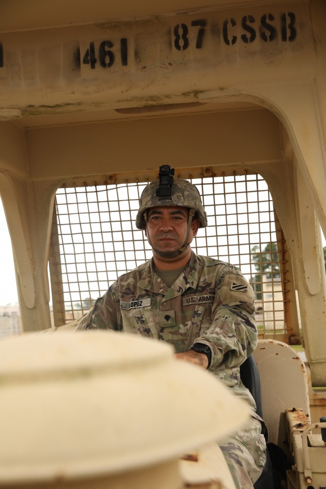 U.S. Army Spc. Adan Lopez, a horizon construction engineer assigned to 135th Quartermaster Company, 87th Division Sustainment Support Battalion, 3rd Division Sustainment Brigade, 3rd Infantry Division, is an Earlimart, California, who enlisted in the Army November 2017. Lopez attended Basic Combat Training at Fort Benning, Georgia, and Advanced Individual Training at Fort Leonard Wood, Missouri, and has served on Fort Stewart since 2018. He has been married 10 years and has 3 children.