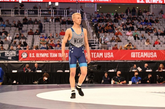 Pvt. 1st Class Dalton Roberts, a Soldier in the Army’s World Class Athlete Program, at the 2020 U.S. Wrestling Olympic Trials. Roberts was named to the 2021 USA Wrestling World Team after winning gold in the men’s Greco-Roman 60kg weight class at the team trials Sept. 11-12.