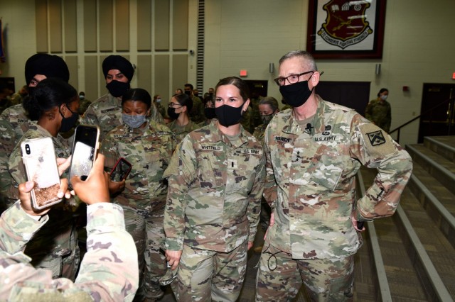 Lt. Gen. Theodore Martin, Commander U.S. Army Combined Arms Center, or CAC, visited U.S. Army Medical Center of Excellence, or MEDCoE, Joint Base San Antonio-Fort Sam Houston, September 8-10. Pictured as Martin posed for dozens of group photos and selfies with MEDCoE Basic Officer Leader Course students, at their request, after a Leader Professional Development session, 9 September, in Blesse Auditorium. 