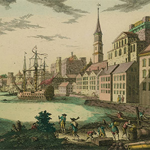 This engraving, created by French artist François Xavier Habermann, shows a view of the Boston Harbor, circa 1776.