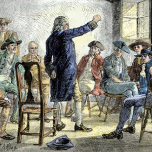 This print, created by E.A. Abbey, illustrates a reality of American politics in 1774-1775.  For many colonists, the revolutionary spirit was forged in dialogue with their friends and neighbors. Small gatherings afforded an opportunity to air concerns and share ideas for the best response to increasingly offensive British regulation.