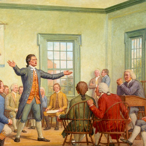 The First Continental Congress, 1774 is a mural at Great Experiment Hall, Cox Corridors, in the U.S. Capitol, created by Allyn Cox. The oil canvas depicts delegates from 13 colonies that met in Philadelphia to discuss responses to increased British oppression. (Left) A colonist is shown making a tax payment. Taxation without representation was a major complaint against the royal government. (Right) A soldier blocks the path of a woman and child, symbolizing the armed occupation that incensed many colonists.
