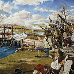 The Shot Heard ‘Round the World, created by Domenick D'Andrea, depicts minutemen and militia in combat with British regulars at the Old North Bridge in Concord, Mass., April 19, 1775, in what proved to be the opening battle of the Revolutionary War.