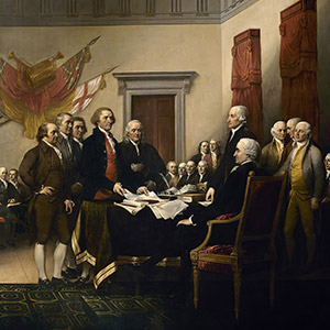 Declaration of Independence, painting created by artist John Trumbull in 1818, depicts the moment on June 28, 1776, when the first draft of the Declaration of Independence was presented to the Second Continental Congress. The document stated the principles for which the Revolutionary War was being fought, which remain fundamental to the nation. The Declaration was officially adopted, July 4, 1776 and later signed on Aug. 2, 1776.