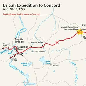 This is a map showing the route of British troops during their expedition to seize and destroy Patriot munitions in Concord, Mass. This led to the Battles of Lexington and Concord on April 19, 1775.
