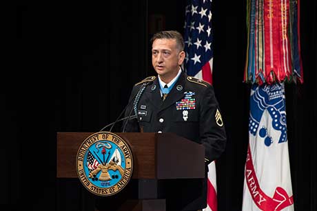 Staff Sgt. David G. Bellavia gives his remarks during a ceremony inducting him into the Pentagon Hall of Heroes, in Arlington, Va., June 26, 2019, for actions while serving as a squad leader with the 1st Infantry Division in support of Operation Phantom Fury in Fallujah, Iraq. (U.S. Army Photo by Sgt. Kevin Roy)