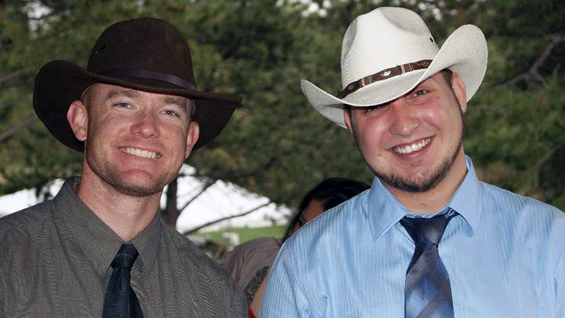 Sgt. Ty Carter and his buddy William Hahn attend a wedding near Fort Carson, Colo.