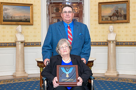 Pauline Lyda Wells Conner, the spouse of U.S. Army 1st Lt. Garlin M. Conner, and their son Paul Conner, at the White House in Washington, D.C., June 26, 2018. Conner was posthumously awarded the Medal of Honor for actions while serving as an intelligence officer during World War II, Jan. 24 1945. (U.S. Army photo by Spc. Anna Pol)