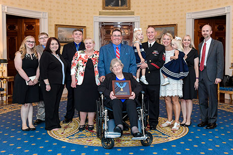 Pauline Lyda Wells Conner, the spouse of U.S. Army 1st Lt. Garlin M. Conner, and family members pose for a group photo at the White House in Washington, D.C., June 26, 2018. Conner was posthumously awarded the Medal of Honor for actions while serving as an intelligence officer during World War II, Jan. 24 1945. (U.S. Army photo by Spc. Anna Pol)