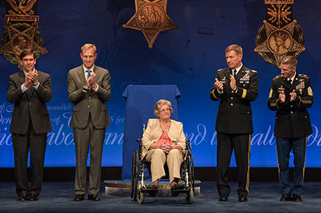 From left, Secretary of the Army Dr. Mark T. Esper, Deputy Secretary of Defense Patrick M. Shanahan, spouse of U.S. Army 1st Lt. Garlin M. Conner, Pauline Lyda Wells Conner, Vice Chief of Staff of the Army Gen. James C. McConville and Sgt. Maj. of the Army Daniel A. Dailey participate in the Medal of Honor Induction Ceremony for 1st Lt. Garlin M. Conner at the Pentagon, in Arlington, Va., June 27, 2018. Conner was posthumously awarded the Medal of Honor, June 26, 2018 for actions while serving as an intelligence officer during World War II on Jan. 24, 1945.  (U.S. Army photo by Spc. Anna Pol)