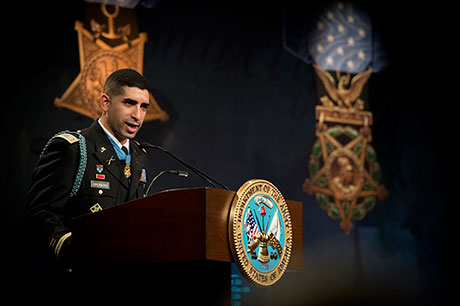 Retired U.S. Army Capt. Florent Groberg delivers Hall of Heroes remarks during his induction ceremony Nov. 13, 2015, at the Pentagon, Arlington, Va. (U.S. Army photo by Mr. John G. Martinez)
