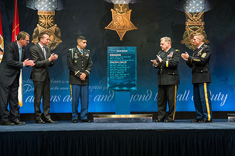 Defense Secretary Ash Carter, Acting Army Secretary Eric K. Fanning, Medal of Honor recipient retired U.S. Army Capt. Florent A. Groberg, Army Chief of Staff Gen. Mark A. Milley and Sgt. Maj. of the Army Daniel A. Dailey unveil a plaque bearing Groberg's name during his Hall of Heroes Induction Ceremony at the Pentagon, Nov. 13, 2015. (U.S. Army photo by Staff Sgt. Steve Cortez)