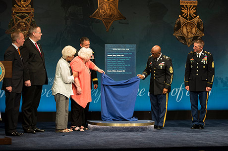 Ina Bass, third from left, and Elsie Shemin-Roth represent their father, Sgt. William Shemin;  while Command Sgt. Maj. Louis Wilson, second from right, New York Army National Guard, represents World Pvt. Henry Johnson, as they are inducted into the Hall of Heroes at the Pentagon, June 3, 2015. U.S. Army photo by Staff Sgt. Bernardo Fuller