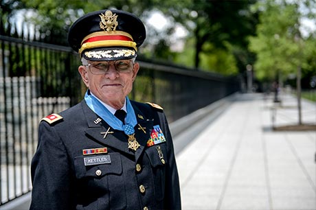Retired U.S. Army Lt. Col. Charles Kettles is awarded the Medal of Honor at the White House in Washington, D.C., July 18, 2016, for actions during a battle near Duc Pho, South Vietnam, on May 15, 1967. Then-Maj. Kettles, assigned to 1st Brigade, 101st Airborne Division, was credited with evacuating dozens of Soldiers in a UH-1D Huey helicopter under intense enemy fire. Photo by Sgt. Alicia Brand