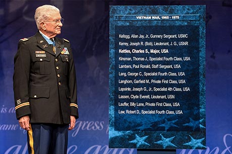 Retired Lt. Col. Charles Kettles is inducted to the Hall of Heroes at the Pentagon, in Arlington, Va., July 19, 2016, for actions during a battle near Duc Pho, South Vietnam, May 15, 1967.