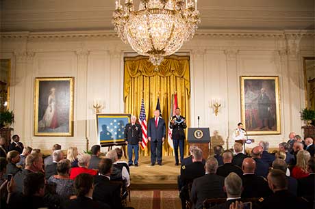President Donald J. Trump hosts the Medal of Honor ceremony for former Spc. 5 James C. McCloughan at the White House in Washington, D.C., July 31, 2017. McCloughan was awarded the Medal of Honor for distinguished actions as a combat medic assigned to Company C, 3rd Battalion, 21st Infantry Regiment, 196th Infantry Brigade, Americal Division, during the Vietnam War near Don Que, Vietnam, from May 13-15, 1969. White House photo