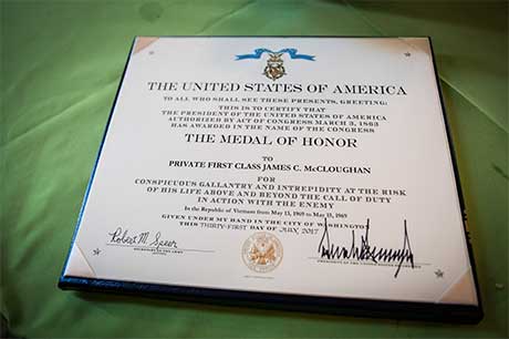 Medal of Honor citation awarded to then-Pfc. James C. McCloughan for conspicuous gallantry during the Vietnam War of, signed at the White House in Washington, D.C., July 31, 2017. U.S. Army photo by Eboni Everson-Myart