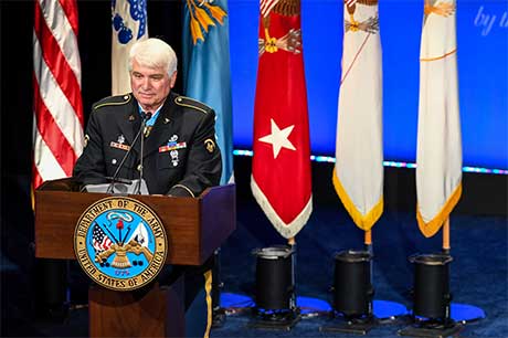 Former Spc. 5 James C. McCloughan gives his remarks during the Medal of Honor Induction Ceremony at the Pentagon, in Arlington, Va., Aug. 1, 2017. McCloughan was awarded the Medal of Honor for distinguished actions as a combat medic assigned to Company C, 3rd Battalion, 21st Infantry Regiment, 196th Infantry Brigade, Americal Division, during the Vietnam War near Don Que, Vietnam, from May 13 to 15, 1969. U.S. Army photo by Sgt. Alicia Brand
