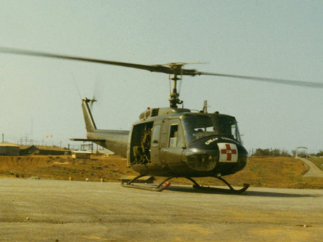 A medical evacuation helicopter near the 91st Evacuation Hospital in Vietnam, 1969. (Photo courtesy of James C. McCloughan)