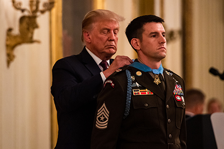The President of the United States, Donald J. Trump, awards the Medal of Honor to U.S. Army Sgt. Maj. Thomas "Patrick" Payne at the White House, Washington, D.C., Sept. 11, 2020. Payne was awarded the Medal of Honor for his actions while serving as an assistant team leader deployed to Iraq as part of a Special Operations Joint Task Force in support of Operation Inherent Resolve on Oct. 22, 2015. (U.S. Army photo by Spc. Zachery Perkins)