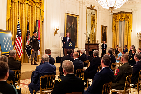 The President of the United States, Donald J. Trump, hosts the Medal of Honor award ceremony in honor of U.S. Army Sgt. Maj. Thomas "Patrick" Payne at the White House, Washington, D.C., Sept. 11, 2020. Payne was awarded the Medal of Honor for his actions while serving as an assistant team leader deployed to Iraq as part of a Special Operations Joint Task Force in support of Operation Inherent Resolve on Oct. 22, 2015. (U.S. Army photo by Spc. Zachery Perkins)