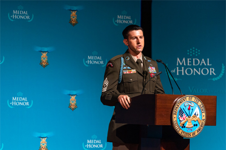 U.S. Army Sgt. Maj. Thomas “Patrick” Payne gives a press conference at the Pentagon Auditorium in Arlington, Va., Sept. 10, 2020. Payne was awarded the Medal of Honor on Sept. 11, 2020, for his actions while serving as an assistant team leader deployed to Iraq as part of a Special Operations Joint Task Force in support of Operation Inherent Resolve on Oct. 22, 2015. (U.S. Army photo by Spc. Zachery Perkins)