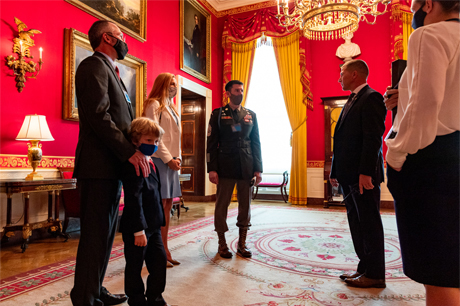 U.S. Army Sgt. Maj. Thomas "Patrick" Payne and his family are given a briefing in the red room at the White House in Washington D.C., Sept. 11, 2020. Payne was awarded the Medal of Honor on Sept. 11, 2020, for his actions while serving as an assistant team leader deployed to Iraq as part of a Special Operations Joint Task Force in support of Operation Inherent Resolve on Oct. 22, 2015. (U.S. Army photo by Spc. Zachery Perkins)