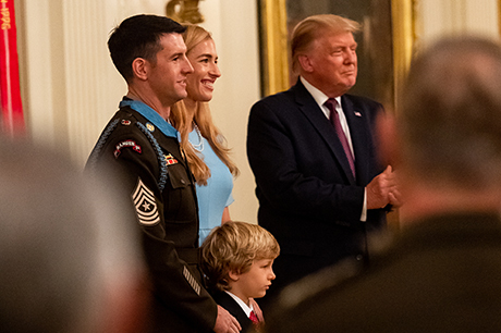 The President of the United States, Donald J. Trump, hosts the Medal of Honor award ceremony in honor of U.S. Army Sgt. Maj. Thomas "Patrick" Payne at the White House, Washington, D.C., Sept. 11, 2020. Payne was awarded the Medal of Honor on Sept. 11, 2020, for his actions while serving as an assistant team leader deployed to Iraq as part of a Special Operations Joint Task Force in support of Operation Inherent Resolve on Oct. 22, 2015. (U.S. Army photo by Spc. Zachery Perkins)