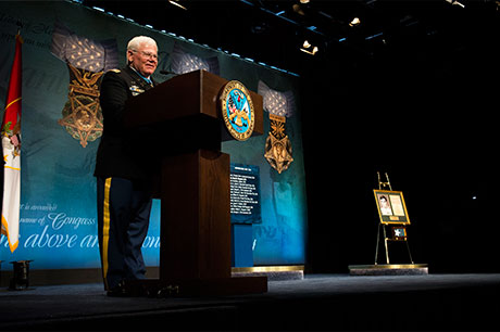 Retired Capt. Gary M. Rose gives his remarks during his Hall of Heroes Induction Ceremony at the Pentagon, in Arlington, Va., Oct. 24, 2017. Rose was awarded the Medal of Honor Oct. 23, 2017, for actions during Operation Tailwind in Southeastern Laos during the Vietnam War, Sept. 11-14, 1970. Then-Sgt. Rose was assigned to the 5th Special Forces Group (Airborne) at the time of action. U.S. Army photo by Eboni Everson-Myart