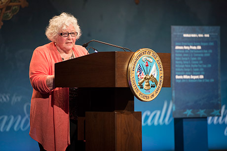 Elsie Shemin-Roth speaks at a ceremony for World War I heroes, Sgt. Henry Johnson and Sgt. William Shemin, induction into the Hall of Heroes at the Pentagon in Washington, D.C., June 3, 2015.
U.S. Army photo by Staff Sgt. Bernardo Fuller