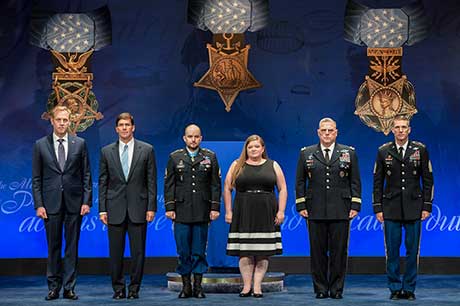 Staff Sgt. Ronald J. Shurer II is inducted into the Hall of Heroes during a ceremony at the Pentagon in Washington, D.C., Oct. 2, 2018. Shurer was awarded the Medal of Honor, Oct. 1, 2018, for actions while serving a senior medical sergeant with the Special Forces Operational Detachment Alpha 3336, Special Operations Task-Force-33, in support of Operation Enduring Freedom in Afghanistan, April 6, 2008. (U.S. Army photo by Spc. Anna Pol)