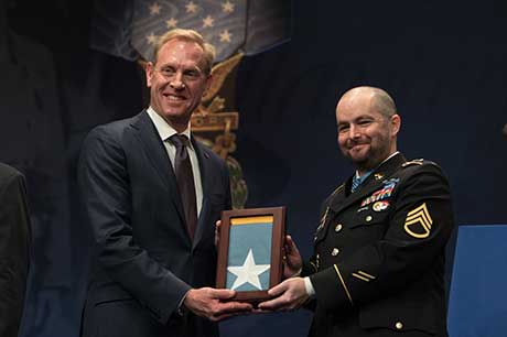 Deputy Defense Secretary Patrick M. Shanahan inducts Medal of Honor recipient, former Army Staff Sgt. Ronald J. Shurer II into the Hall of Heroes at the Pentagon, Washington, D.C., Oct. 2, 2018. DOD photo by Army Sgt. Amber I. Smith