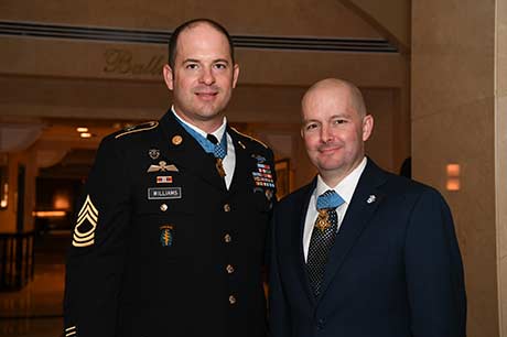 Master Sgt. Matthew O. Williams and Staff Sgt. Ronald J. Shurer II pose together after the Medal of Honor Ceremony at the White House in Washington, D.C., Oct. 30, 2019. Both received the Medal of Honor for actions with the Special Forces Operational Detachment Alpha 3336, Special Operations Task Force-33, in support of Operation Enduring Freedom in Afghanistan on April 6, 2008.