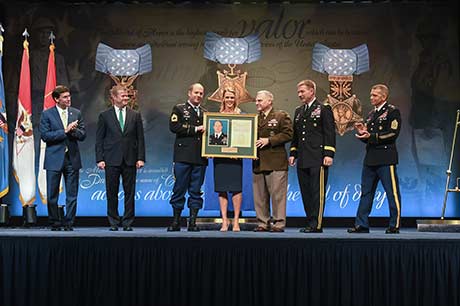 Master Sgt. Matthew O. Williams is inducted into the Hall of Heroes at the Pentagon, Arlington, Va., Oct. 31, 2019. While at the Pentagon, Williams and his family attended a luncheon as well as an office call with the Chairman of the Joint Chiefs of Staff Gen. Mark A Milley, Chief of Staff of the Army Gen. James C. McConville, Secretary of Defense Dr. Mark T. Esper, and the Secretary of the Army Ryan D. McCarthy. (U.S. Army photos by Sgt. Keisha Brown)
