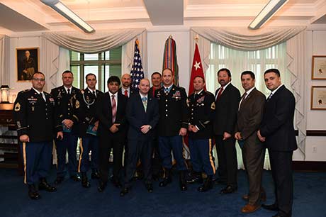 Master Sgt. Matthew O. Williams with the original team members of Operational Detachment Alpha 3336 including Medal of Honor Recipient Staff Sgt. Ronald J. Shurer II at the Pentagon in Washington, D.C., Oct. 31, 2019. Williams was awarded the Medal of Honor for actions in Shok Valley, Afghanistan, April, 6, 2008. (Photo Credit: Sgt. Keisha Brown)